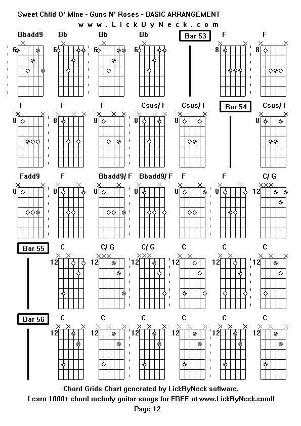 Chord Grids Chart of chord melody fingerstyle guitar song-Sweet Child O' Mine - Guns N' Roses - BASIC ARRANGEMENT,generated by LickByNeck software.